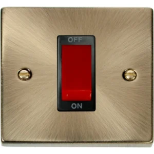 Click Scolmore Victorian Antique Brass 45A 1 Gang Double Pole Plate Switch Black Insert