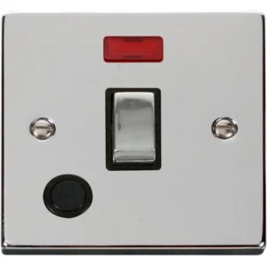 Click Scolmore Victorian Polished Chrome Black Insert 20A Ingot Double Pole Plate Switch With Optional Flex Outlet With Neon