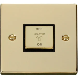 Click Scolmore Victorian Polished Brass Black Insert 10A Ingot 3 Pole Fan Isolation Plate Switch