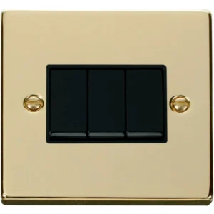 Click Scolmore Plate Switch 3 Gang 2 Way 10A Polished Brass Black Insert Victorian