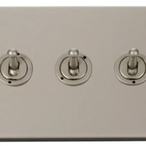 Click Scolmore Toggle Switch 3 Gang 2 Way 10A Pearl Nickel Black&White Gasket