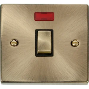Click Scolmore Victorian Antique Brass Black Insert 20A Ingot Double Pole Plate Switch With Neon