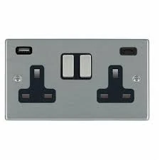 Hamilton Socket 2G DP Switched USB+C Outlets 13A 85X145mm Satin Steel/Satin Steel