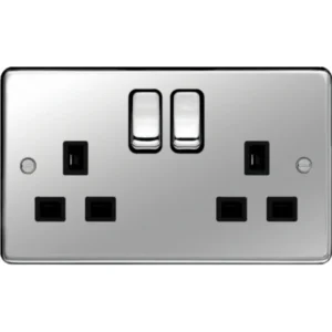 Hager Socket 2 Gang DP Switched Dual Earth 13A Polished Steel Black Insert