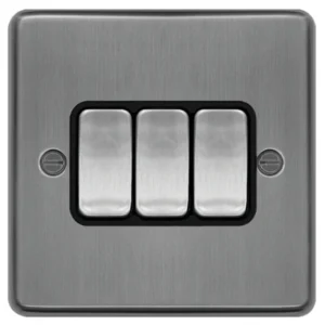 Hager Plate Switch 3 Gang 2 Way 10Ax Brushed Steel Black Insert