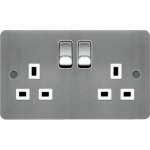Hager Socket 2 Gang Double Pole Switched Dual Earth 13A Brushed Steel White Insert