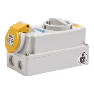 Newlec Industrial Power Socket Switch Interlocked Surface 2P+E 16A 110V IP44 Yellow