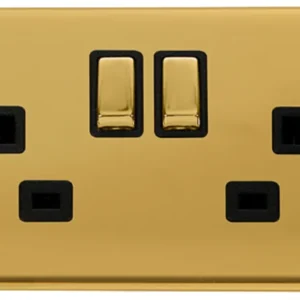 Click Scolmore Socket Ingot 2 Gang DP Switched 13A Polished Brass Black Insert