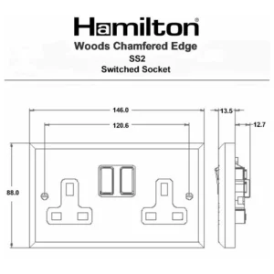 Hamilton Socket 2 Gang Switched 13A 146X88mm Medium Oak/Antique Brass Black Ins