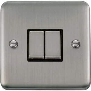 Click Scolmore Plate Switch Ingot 2 Gang 2 Way 10Ax Stainless Steel Black Insert