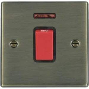 Hamilton Switch Rocker Red 1 Gang Dp+Neon 45A 88X88mm Antique Brass Black Ins