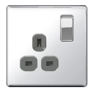 Luceco Socket Switched 1 Gang DP 13A Polished Chrome Grey Insert
