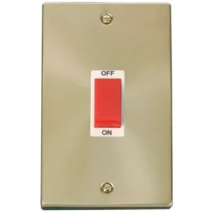 Click Scolmore Victorian Satin Brass White Insert 45A 2 Gang (Vertical) Double Pole Plate Switch