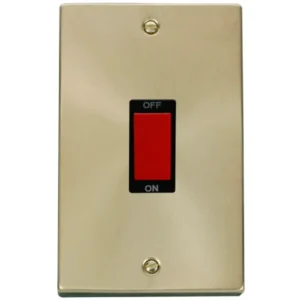 Click Scolmore Victorian Satin Brass Black Insert 45A 2 Gang (Vertical) Double Pole Plate Switch