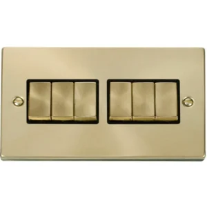 Click Scolmore Victorian Satin Brass Black Insert 10AX Ingot 6 Gang 2 Way Plate Switch