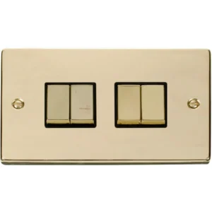 Click Scolmore Victorian Polished Brass Black Insert 10AX Ingot 4 Gang 2 Way Plate Switch