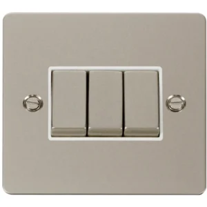 Click Scolmore Plate Switch 3 Gang 2 Way 10A Pearl Nickel White Insert
