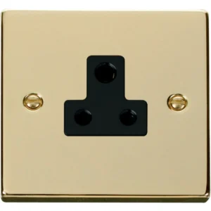 Click Scolmore Socket 1 Gang UnSwitched Round Pin 5A Polished Brass Black Insert Victo