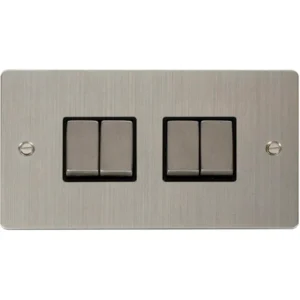 Click Scolmore Plate Switch 4 Gang 2 Way 10A Stainless Steel Black Insert
