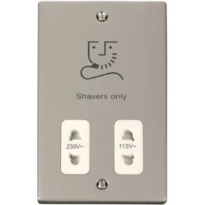Click Scolmore Shaver Socket Dual Voltage 115/230V Pearl Nickel White Insert Victor