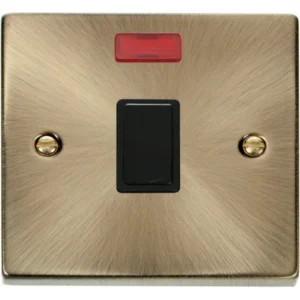 Click Scolmore Victorian Antique Brass Black Insert 20A Double Pole Plate Switch With Neon
