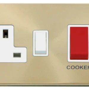 Click Scolmore Victorian Satin Brass White Insert 45A 2 Gang Double Pole Switch With 13A Double Pole Switched Socket Outlet