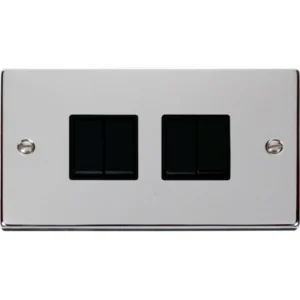 Click Scolmore Victorian Polished Chrome Black Insert 10AX 4 Gang 2 Way Plate Switch