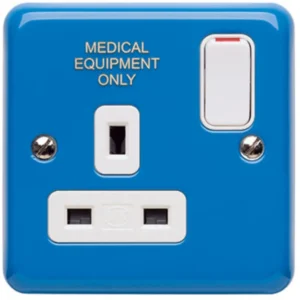 MK Electric Socket 1 Gang DP Dual Earth Switched Blue Marked Medium Eqpt