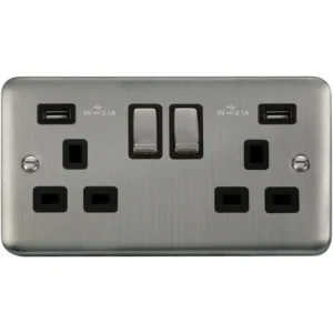 Click Scolmore Socket Ingot 2G Swd&Twin 2.1A USB Outlet 13A Stainless Steel Black Insert
