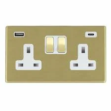 Hamilton Socket 2G DP Switched USB+C Outlets 13A 146X86mm Satin Steel 2X2.4A W