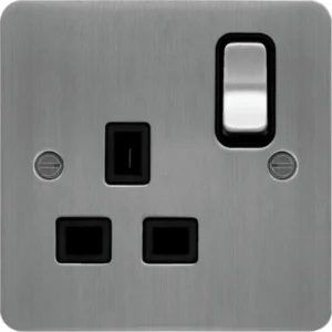 Hager Socket 1 Gang DP Switched 13A Brushed Steel Black Insert