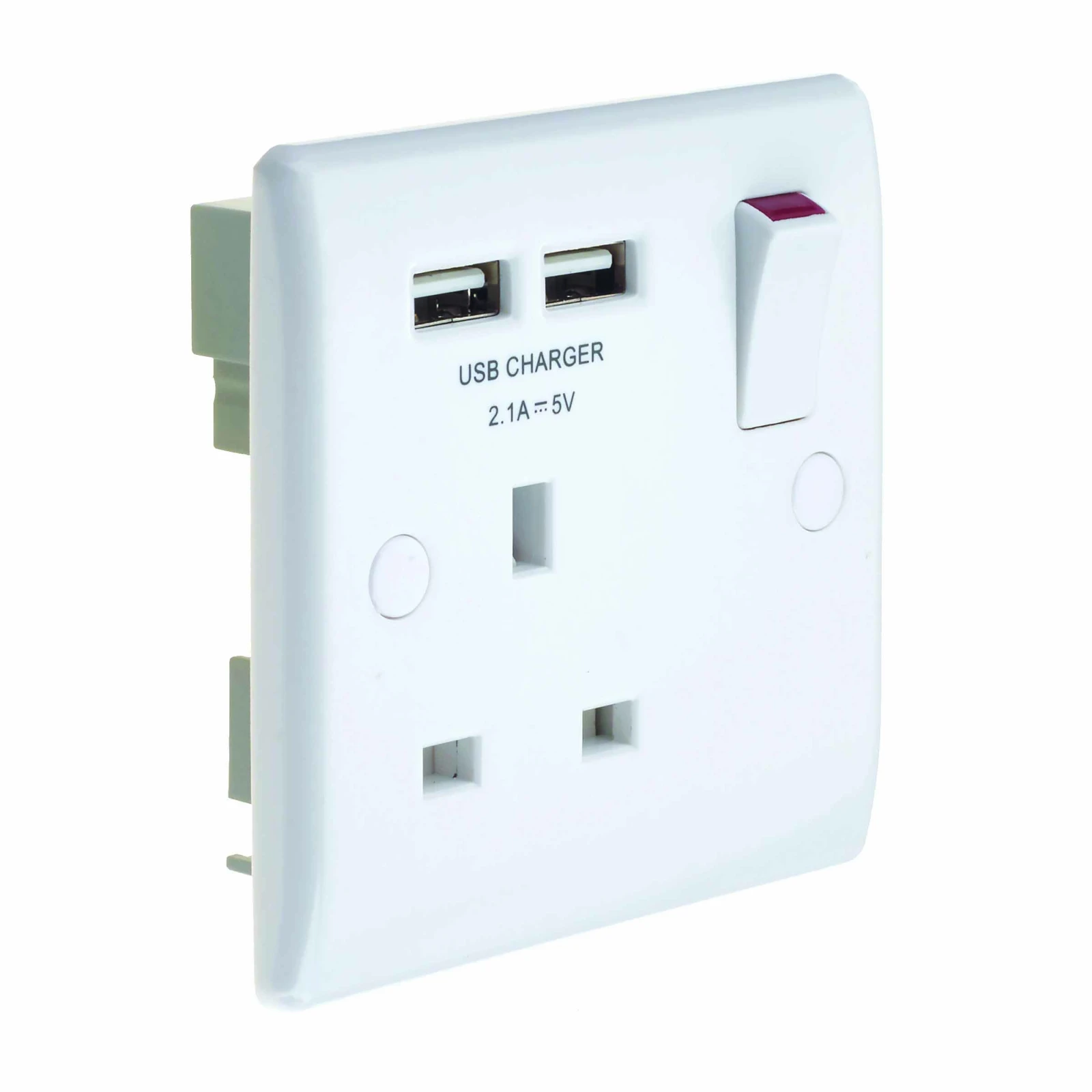 Newlec Socket Outlet Switched Slimline Curved Edge Single Pole 1 Gang 13A White with 2 x 3.1A 5V USB Charger