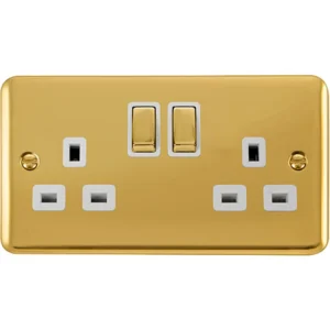 Click Scolmore Socket Ingot 2 Gang DP Switched 13A Polished Brass White Insert