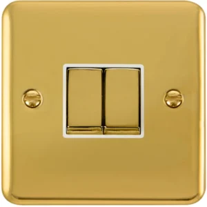 Click Scolmore Plate Switch Ingot 2 Gang 2 Way 10Ax Polished Brass White Insert
