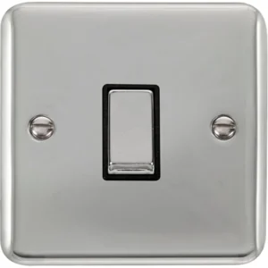 Click Scolmore Plate Switch Ingot 1 Gang 2 Way 10Ax Polished Chrome Black Insert