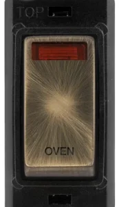 Click Scolmore Oven Laser Etched Legend Black Frame 20AX Antique Brass Double Pole Switch With Neon Module