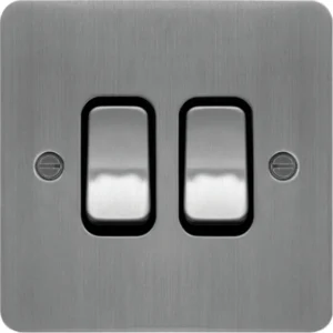 Hager Plate Switch 2 Gang 2 Way 10Ax Brushed Steel Black Insert
