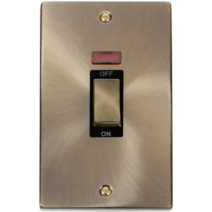 Click Scolmore Victorian Antique Brass Insert Black 45A Ingot 2 Gang (Vertica) Double Pole Plate Switch With Neon