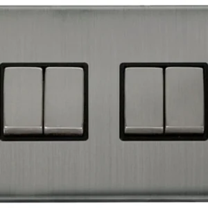 Click Scolmore Plate Switch Ingot 4 Gang 2 Way 10Ax Stainless Steel Black Insert