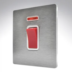 Hamilton Switch Rocker Red 1 Gang Dp+Neon 45A 86X86mm Satin Steel White Insert