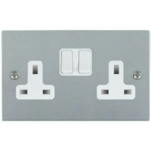 Hamilton Socket Switched 2 Gang 13A 146X86mm Satin Chrome White Insert