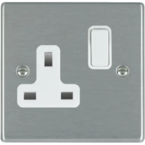 Hamilton Socket 1 Gang Switched 13A 88X88mm Satin Steel White Insert