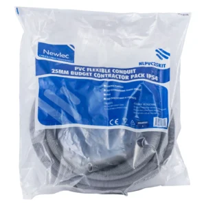 Newlec 25mm Conduit Kit Flexible 10m IP54 PVC Grey C/W Straight Glands+Locknuts (KIT)