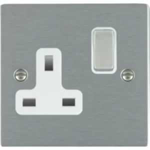 Hamilton Socket 1 Gang Switched 13A 86X86mm Satin Steel/Satin Steel White Insert