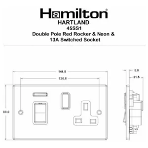 Hamilton Socket Rocker Red 1 Gang Dp+13A Socket 45A 85X145mm Satin Steel/White White