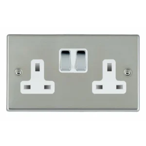 Hamilton Socket 2 Gang Switched 13A 85X145mm Bri Steel/Bri Chrome White Insert
