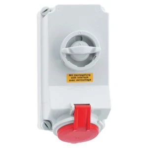Newlec Industrial Power Socket Switch Interlocked Surface 3P+E 32A 415V IP44 Red