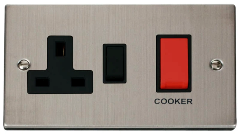Click Scolmore Cooker Control Unit 13A Socket 45A Stainless Steel Black Insert Victorian
