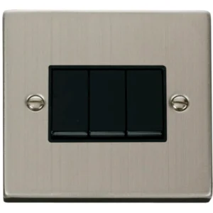 Click Scolmore Victorian Stainless Steel Black Insert 10AX 3 Gang 2 Way Plate Switch