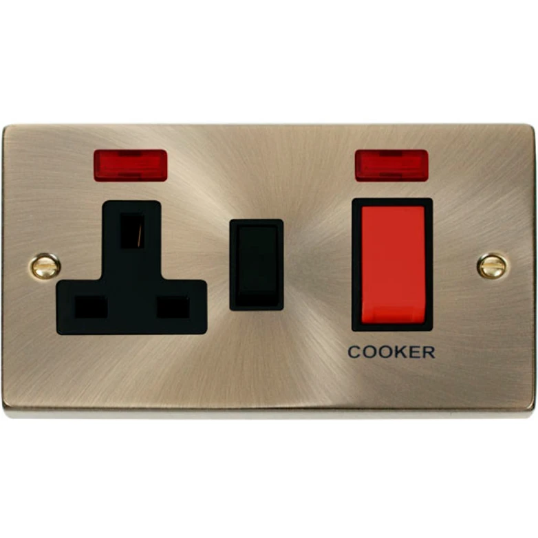 Click Scolmore Cooker Control Unit 13A Socket&Neon 45A Antique Brass Black Insert Vict